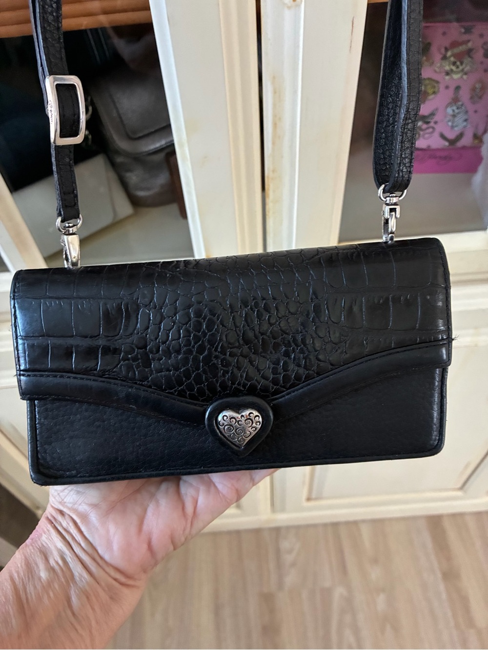 Brighton Black Croc-Embossed Leather Crossbody with Heart Clasp